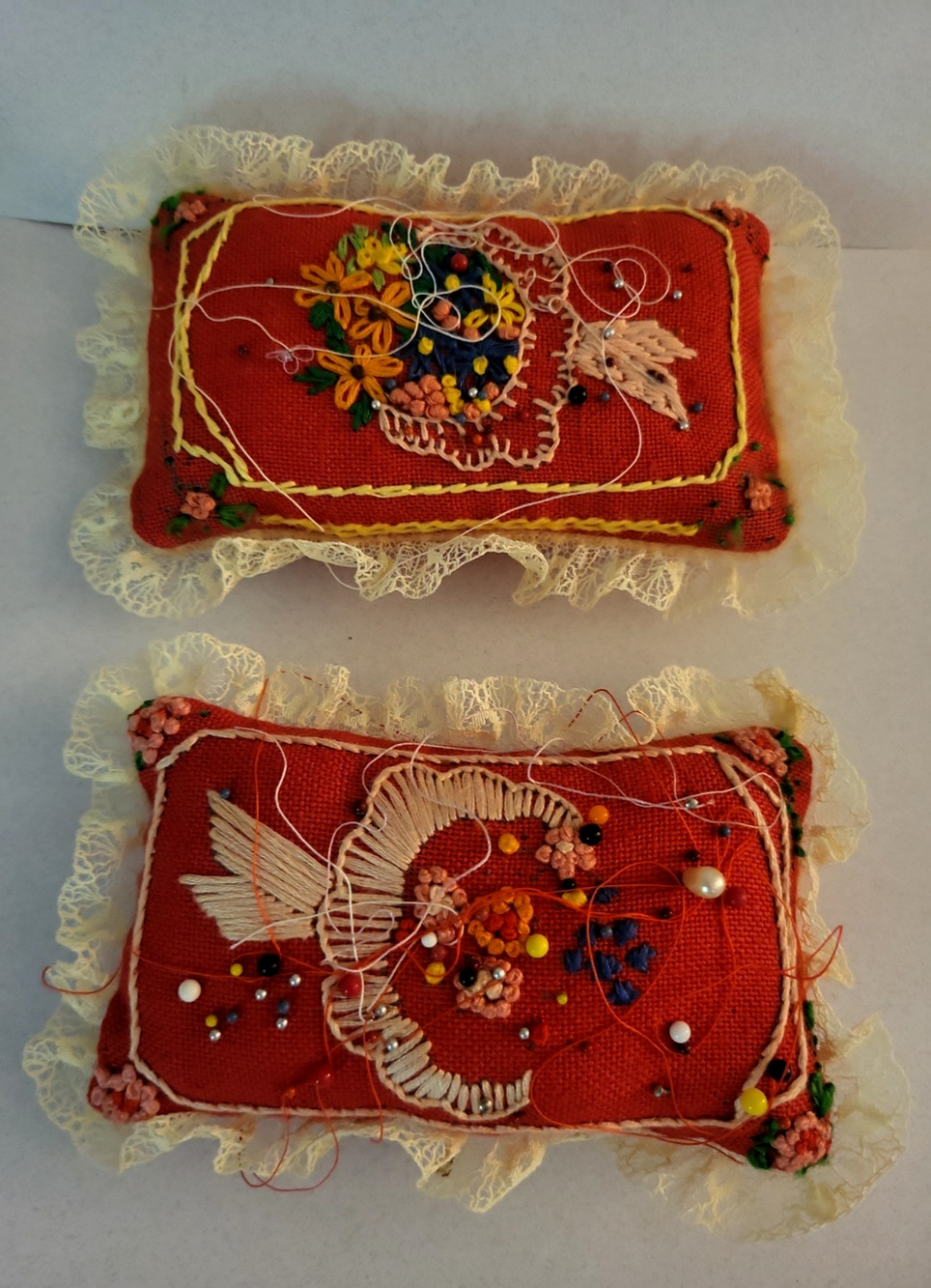 2 Pieces VTG Handmade Red Embroidered Pin Cushions Lace Floral Cottagecore 5 in